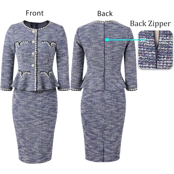 VFSHOW Womens Tweed Buttons Peplum Work Office Business Bodycon Crew Neck Braided Trim Patchwork Slim Career Pencil DressBlue Tweed