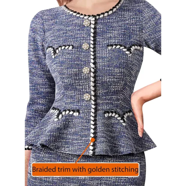 VFSHOW Womens Tweed Buttons Peplum Work Office Business Bodycon Crew Neck Braided Trim Patchwork Slim Career Pencil DressBlue Tweed