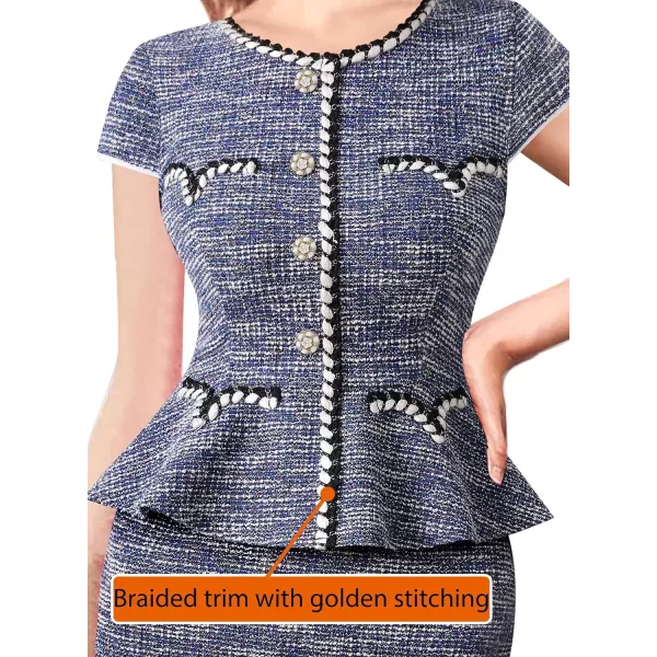 VFSHOW Womens Tweed Buttons Peplum Work Office Business Bodycon Crew Neck Braided Trim Patchwork Slim Career Pencil DressBlue Tweedcap Sleeve