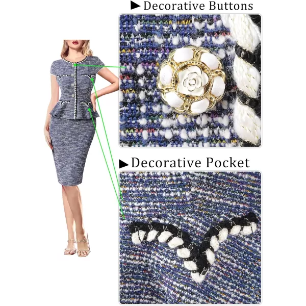 VFSHOW Womens Tweed Buttons Peplum Work Office Business Bodycon Crew Neck Braided Trim Patchwork Slim Career Pencil DressBlue Tweedcap Sleeve