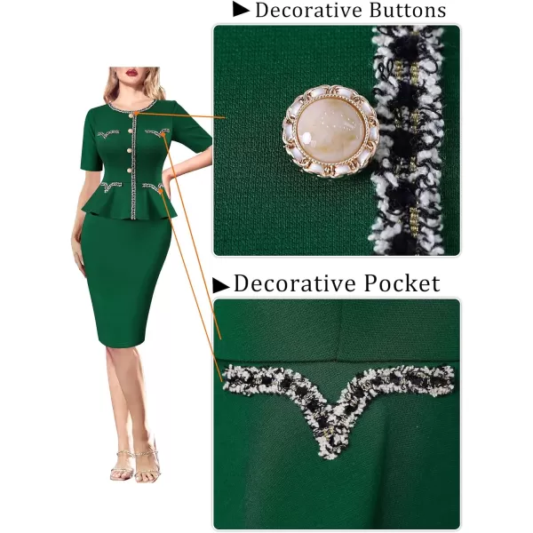 VFSHOW Womens Tweed Buttons Peplum Work Office Business Bodycon Crew Neck Braided Trim Patchwork Slim Career Pencil DressGreen Short Sleeve