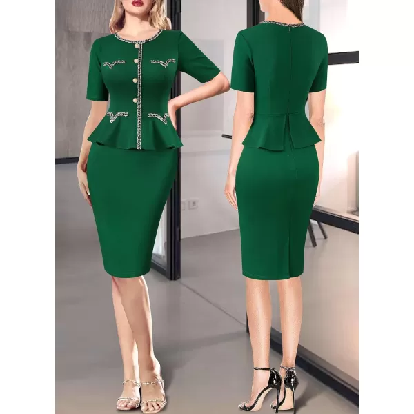 VFSHOW Womens Tweed Buttons Peplum Work Office Business Bodycon Crew Neck Braided Trim Patchwork Slim Career Pencil DressGreen Short Sleeve