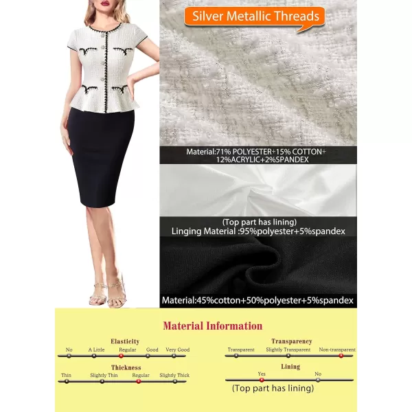 VFSHOW Womens Tweed Buttons Peplum Work Office Business Bodycon Crew Neck Braided Trim Patchwork Slim Career Pencil DressOff White Tweed  Black