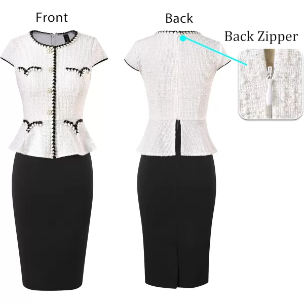 VFSHOW Womens Tweed Buttons Peplum Work Office Business Bodycon Crew Neck Braided Trim Patchwork Slim Career Pencil DressOff White Tweed  Black