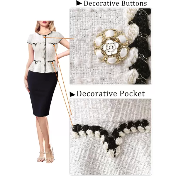 VFSHOW Womens Tweed Buttons Peplum Work Office Business Bodycon Crew Neck Braided Trim Patchwork Slim Career Pencil DressOff White Tweed  Black