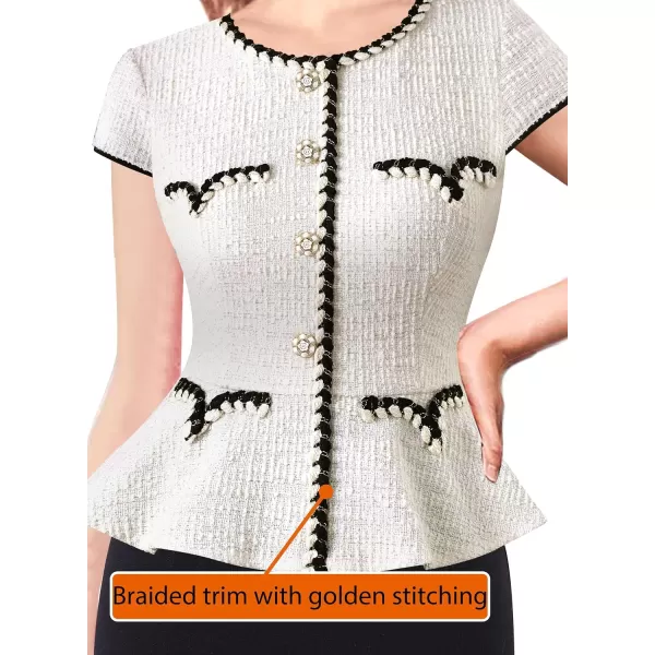 VFSHOW Womens Tweed Buttons Peplum Work Office Business Bodycon Crew Neck Braided Trim Patchwork Slim Career Pencil DressOff White Tweed  Black