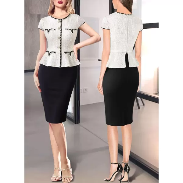 VFSHOW Womens Tweed Buttons Peplum Work Office Business Bodycon Crew Neck Braided Trim Patchwork Slim Career Pencil DressOff White Tweed  Black