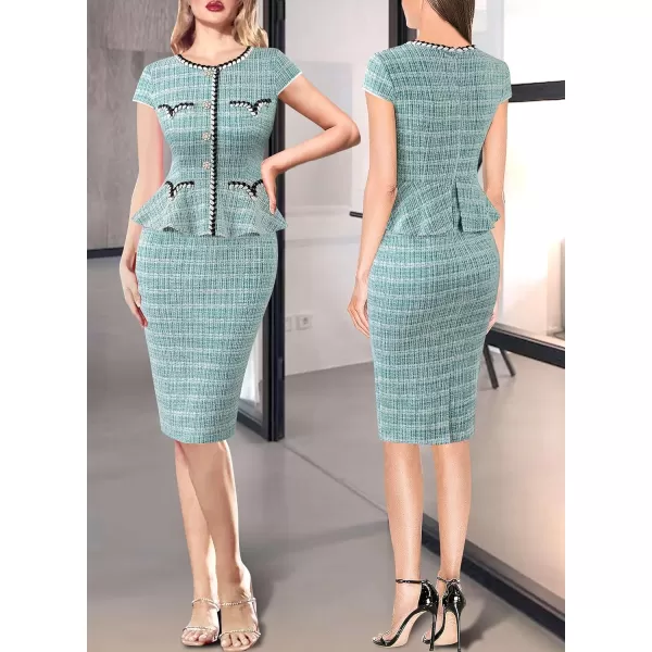 VFSHOW Womens Tweed Buttons Peplum Work Office Business Bodycon Crew Neck Braided Trim Patchwork Slim Career Pencil DressTeal Green Tweedcap Sleeve