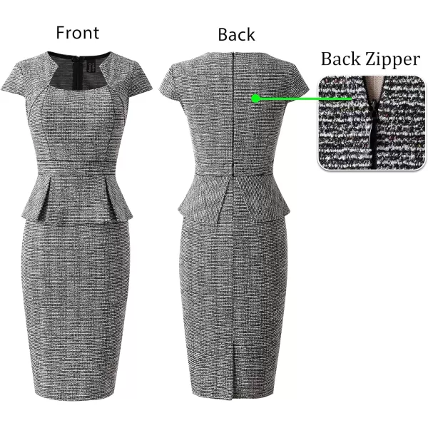 VFSHOW Womens Tweed Square Neck Peplum Work Business Office Slim Bodycon Pencil Sheath DressBlack Tweed Cap Sleeve