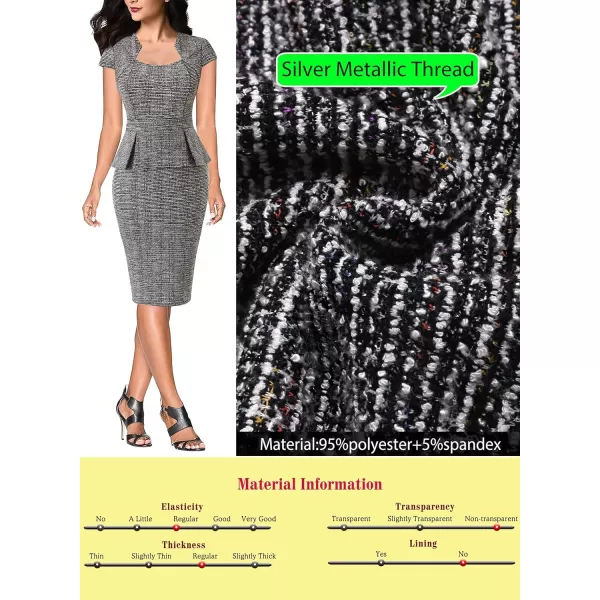 VFSHOW Womens Tweed Square Neck Peplum Work Business Office Slim Bodycon Pencil Sheath DressBlack Tweed Cap Sleeve