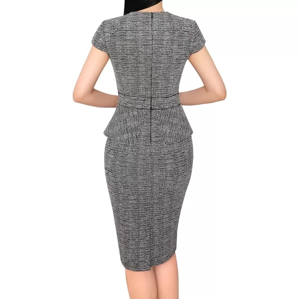 VFSHOW Womens Tweed Square Neck Peplum Work Business Office Slim Bodycon Pencil Sheath DressBlack Tweed Cap Sleeve