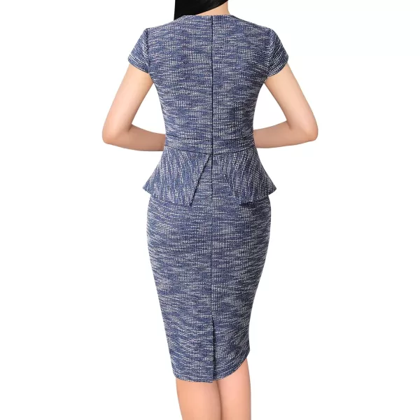 VFSHOW Womens Tweed Square Neck Peplum Work Business Office Slim Bodycon Pencil Sheath DressBlue Tweed Cap Sleeve