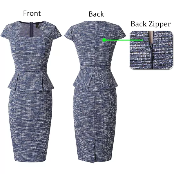 VFSHOW Womens Tweed Square Neck Peplum Work Business Office Slim Bodycon Pencil Sheath DressBlue Tweed Cap Sleeve