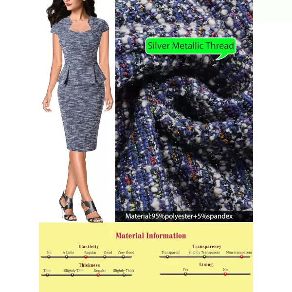 VFSHOW Womens Tweed Square Neck Peplum Work Business Office Slim Bodycon Pencil Sheath DressBlue Tweed Cap Sleeve