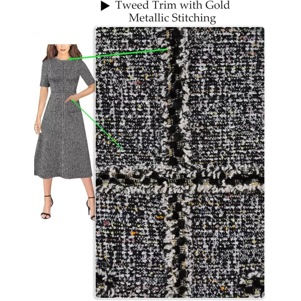 VFSHOW Womens Tweed Trim Patchwork Work Office Business ALine Midi Dress with Front PocketsBlack Tweed