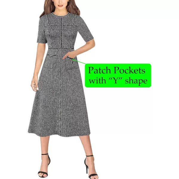 VFSHOW Womens Tweed Trim Patchwork Work Office Business ALine Midi Dress with Front PocketsBlack Tweed