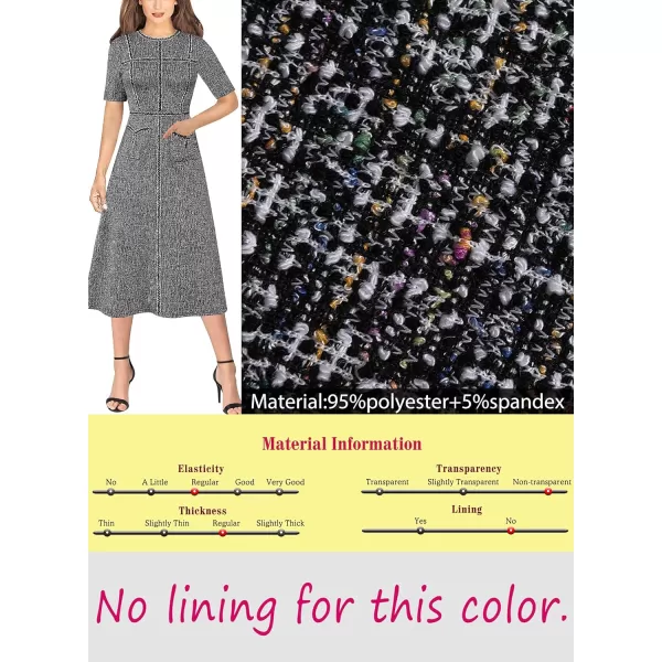 VFSHOW Womens Tweed Trim Patchwork Work Office Business ALine Midi Dress with Front PocketsBlack Tweed