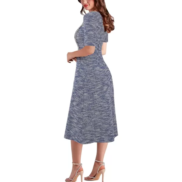 VFSHOW Womens Tweed Trim Patchwork Work Office Business ALine Midi Dress with Front PocketsBlue Tweed