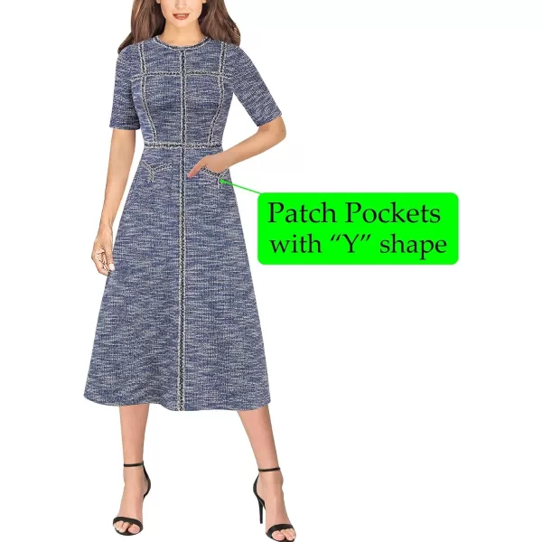 VFSHOW Womens Tweed Trim Patchwork Work Office Business ALine Midi Dress with Front PocketsBlue Tweed