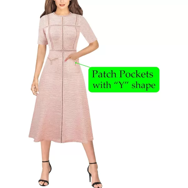 VFSHOW Womens Tweed Trim Patchwork Work Office Business ALine Midi Dress with Front PocketsPink Tweed