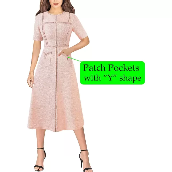 VFSHOW Womens Tweed Trim Patchwork Work Office Business ALine Midi Dress with Front PocketsPink Tweed2