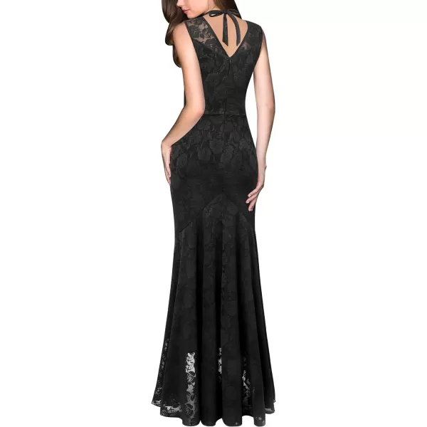 VFSHOW Womens V Halter Neck Celebrity Ruffle High Split Formal Evening Gown Wedding Prom Maxi DressBlack Floral Lace5