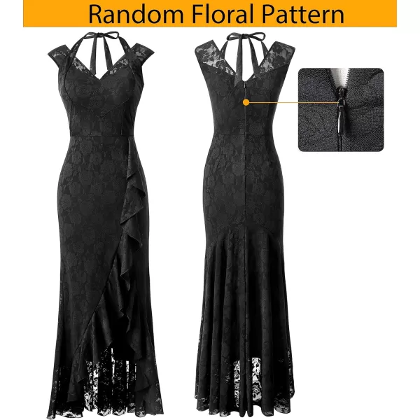 VFSHOW Womens V Halter Neck Celebrity Ruffle High Split Formal Evening Gown Wedding Prom Maxi DressBlack Floral Lace5