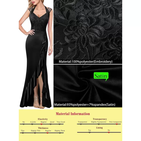 VFSHOW Womens V Halter Neck Celebrity Ruffle High Split Formal Evening Gown Wedding Prom Maxi DressBlack Satin  Floral Embroidery2