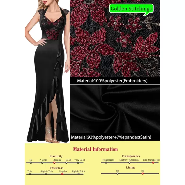 VFSHOW Womens V Halter Neck Celebrity Ruffle High Split Formal Evening Gown Wedding Prom Maxi DressBlack Satin  Floral Lace