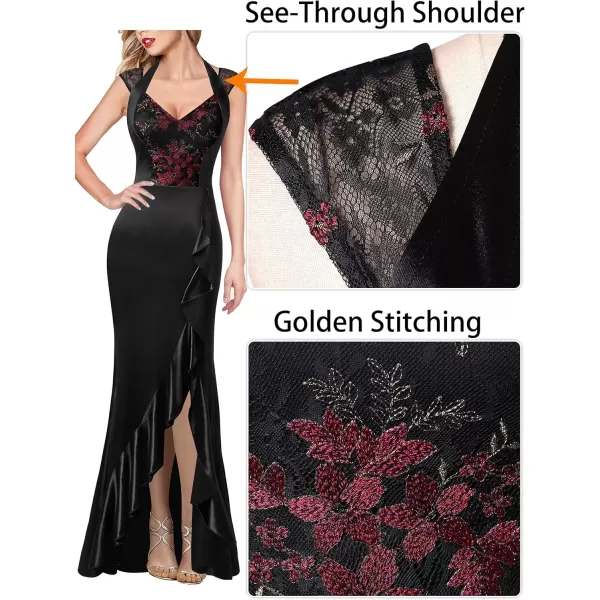 VFSHOW Womens V Halter Neck Celebrity Ruffle High Split Formal Evening Gown Wedding Prom Maxi DressBlack Satin  Floral Lace