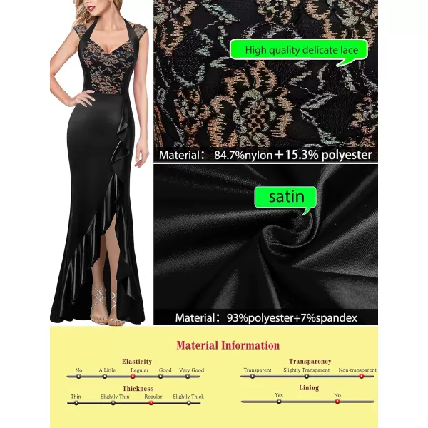 VFSHOW Womens V Halter Neck Celebrity Ruffle High Split Formal Evening Gown Wedding Prom Maxi DressBlack Satin  Floral Lace2