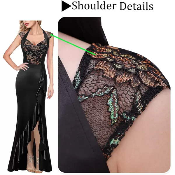 VFSHOW Womens V Halter Neck Celebrity Ruffle High Split Formal Evening Gown Wedding Prom Maxi DressBlack Satin  Floral Lace2