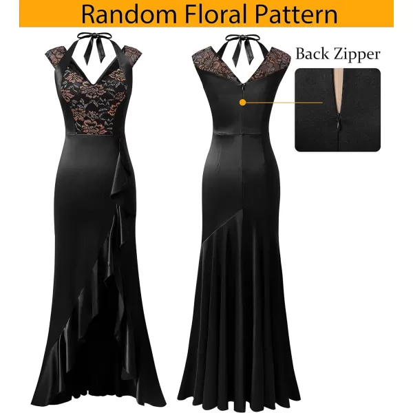 VFSHOW Womens V Halter Neck Celebrity Ruffle High Split Formal Evening Gown Wedding Prom Maxi DressBlack Satin  Floral Lace2