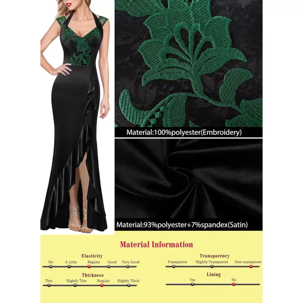 VFSHOW Womens V Halter Neck Celebrity Ruffle High Split Formal Evening Gown Wedding Prom Maxi DressBlack Satin  Floral Lace3