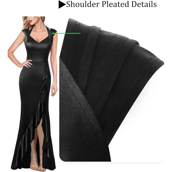 VFSHOW Womens V Halter Neck Celebrity Ruffle High Split Formal Evening Gown Wedding Prom Maxi DressBlack Satin