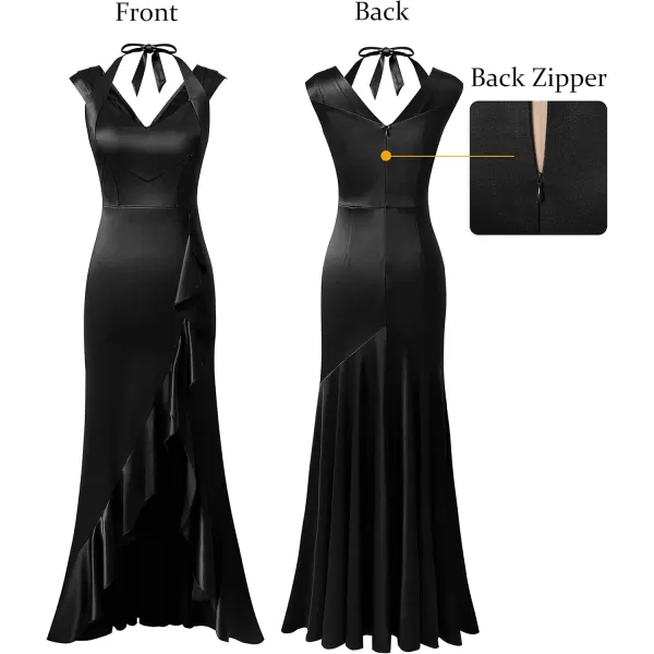 VFSHOW Womens V Halter Neck Celebrity Ruffle High Split Formal Evening Gown Wedding Prom Maxi DressBlack Satin