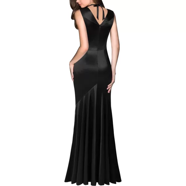 VFSHOW Womens V Halter Neck Celebrity Ruffle High Split Formal Evening Gown Wedding Prom Maxi DressBlack Satin