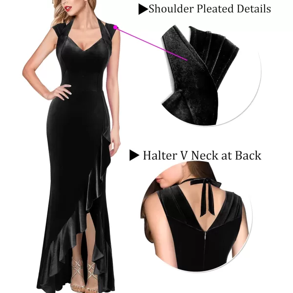 VFSHOW Womens V Halter Neck Celebrity Ruffle High Split Formal Evening Gown Wedding Prom Maxi DressBlack Velvet