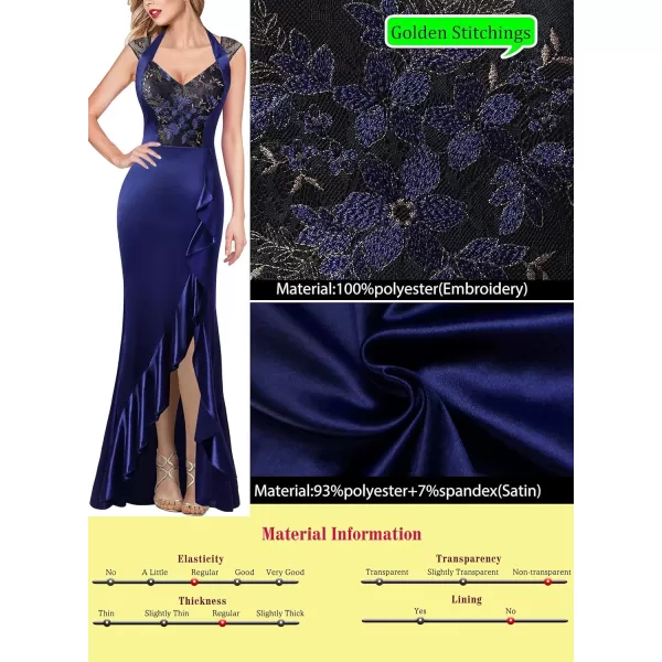 VFSHOW Womens V Halter Neck Celebrity Ruffle High Split Formal Evening Gown Wedding Prom Maxi DressDark Blue Satin  Floral Lace