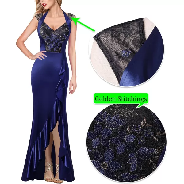 VFSHOW Womens V Halter Neck Celebrity Ruffle High Split Formal Evening Gown Wedding Prom Maxi DressDark Blue Satin  Floral Lace