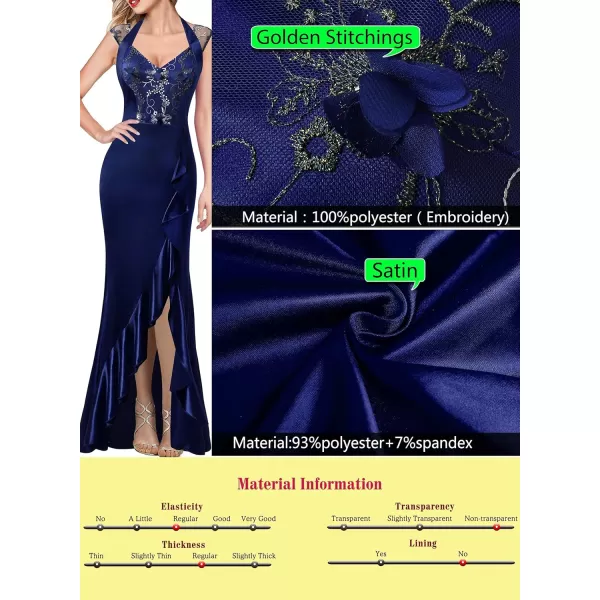 VFSHOW Womens V Halter Neck Celebrity Ruffle High Split Formal Evening Gown Wedding Prom Maxi DressNavy Blue Satin  Floral Embroidery