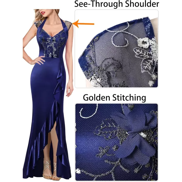 VFSHOW Womens V Halter Neck Celebrity Ruffle High Split Formal Evening Gown Wedding Prom Maxi DressNavy Blue Satin  Floral Embroidery