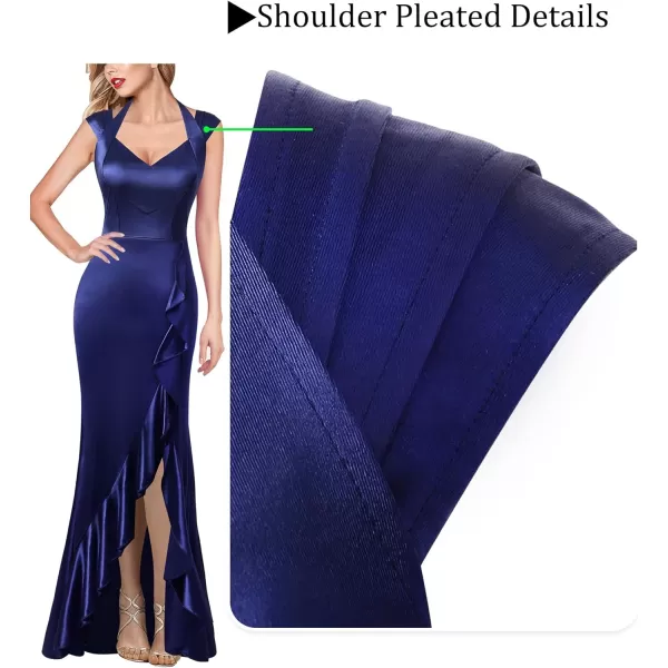 VFSHOW Womens V Halter Neck Celebrity Ruffle High Split Formal Evening Gown Wedding Prom Maxi DressNavy Blue Satin