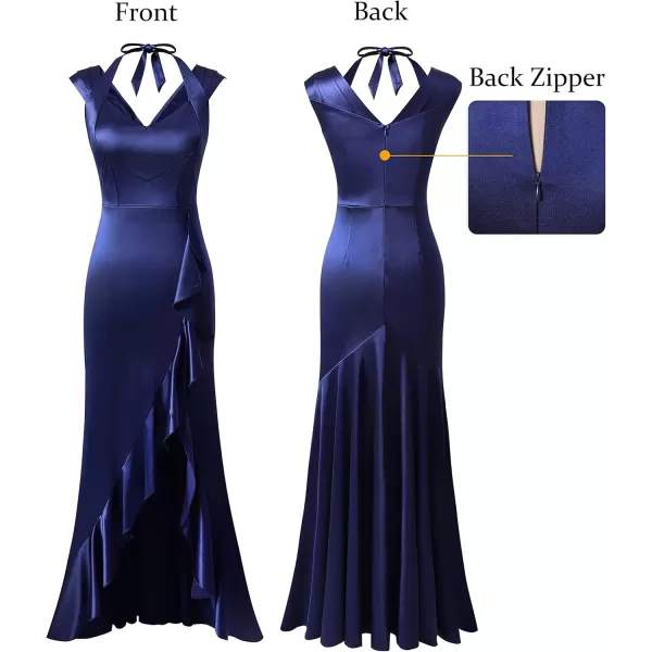 VFSHOW Womens V Halter Neck Celebrity Ruffle High Split Formal Evening Gown Wedding Prom Maxi DressNavy Blue Satin