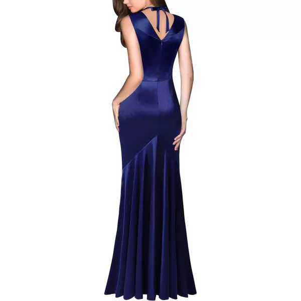 VFSHOW Womens V Halter Neck Celebrity Ruffle High Split Formal Evening Gown Wedding Prom Maxi DressNavy Blue Satin