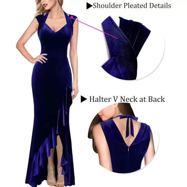 VFSHOW Womens V Halter Neck Celebrity Ruffle High Split Formal Evening Gown Wedding Prom Maxi DressNavy Blue Velvet