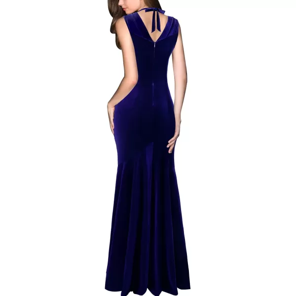 VFSHOW Womens V Halter Neck Celebrity Ruffle High Split Formal Evening Gown Wedding Prom Maxi DressNavy Blue Velvet
