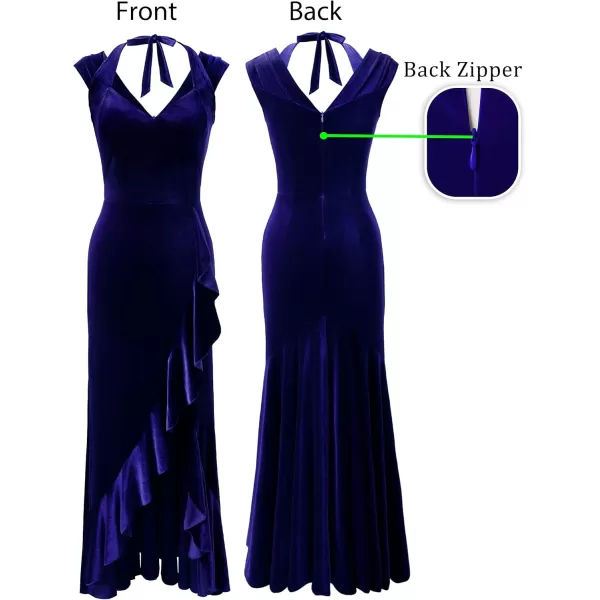 VFSHOW Womens V Halter Neck Celebrity Ruffle High Split Formal Evening Gown Wedding Prom Maxi DressNavy Blue Velvet