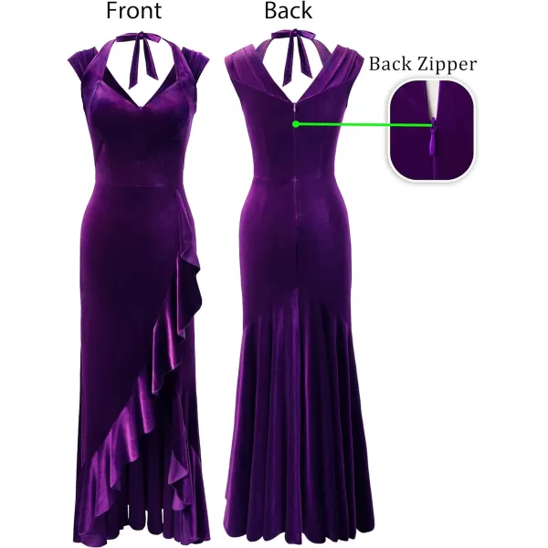 VFSHOW Womens V Halter Neck Celebrity Ruffle High Split Formal Evening Gown Wedding Prom Maxi DressPurple Velvet