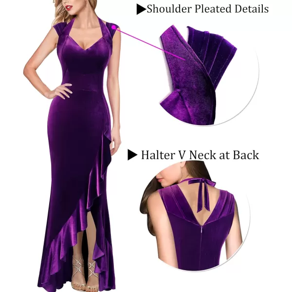 VFSHOW Womens V Halter Neck Celebrity Ruffle High Split Formal Evening Gown Wedding Prom Maxi DressPurple Velvet